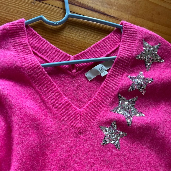 The Loft pink sweater with sequin stars- size L $20 - Picture 6 of 6